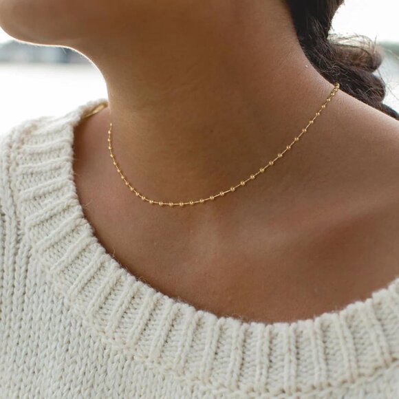 Gold Bead Flat Chain 13-15 inch Hypoallergenic Adjustable Choker Necklace for Wo - Picture 2 of 6